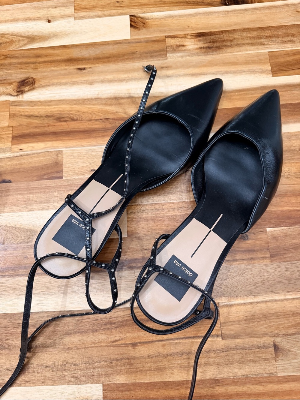 Dolce Vita Black Pointed Toe Studded Lace-Up Flats